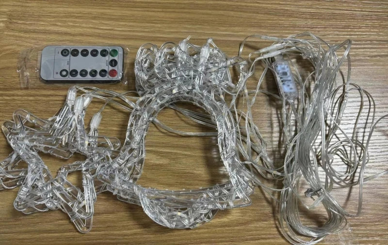 Christmas Curtain Lights LED String Lights with Tree Snowflake Star Deer Bell USB Remote 8 Modes Home Decor