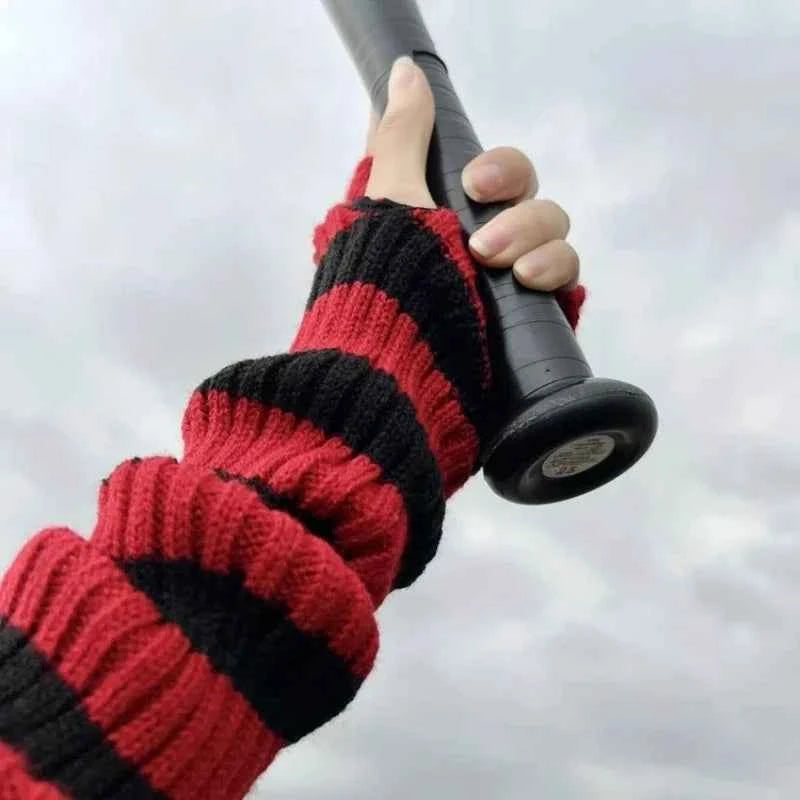 Gothic Striped Knitted Fingerless Arm Sleeves Black White Striped Winter Long Arm Warmers Girls Harajuku Y2K Wrist Gloves