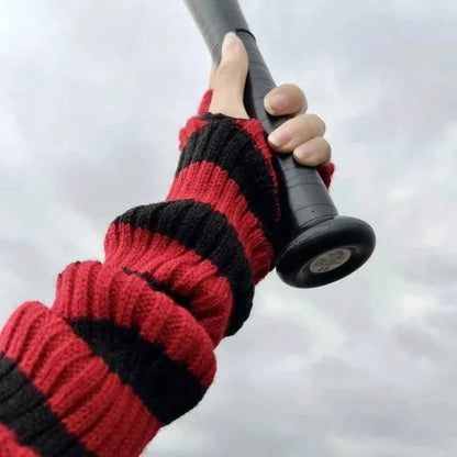 Gothic Striped Knitted Fingerless Arm Sleeves Black White Striped Winter Long Arm Warmers Girls Harajuku Y2K Wrist Gloves