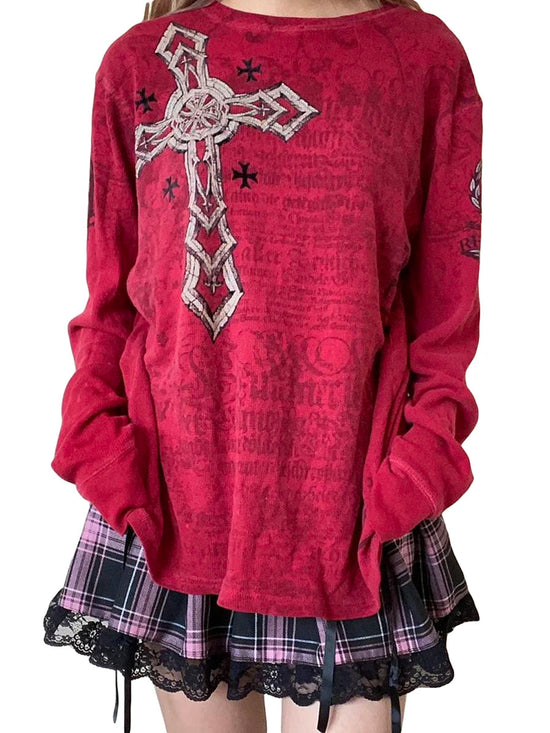 Women s Vintage Graphic Tops Gothic Long Sleeve Round Neck Loose T-Shirts Streetwear Grunge Tops SS69
