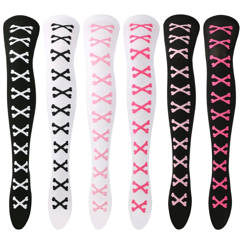 SS69 Women's Bone Print Thigh High Socks - Cotton Blend Cosplay Stockings