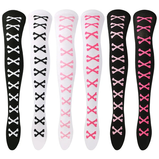 SS69 Women's Bone Print Thigh High Socks - Cotton Blend Cosplay Stockings