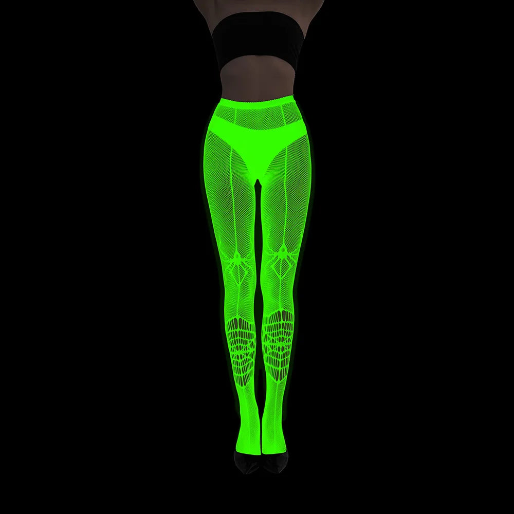 Women Glow in The Dark Fishnet Tight Rose Pattern Fishnet Tights Luminous Fishnet Halloween Party Festive Dress Up SS69