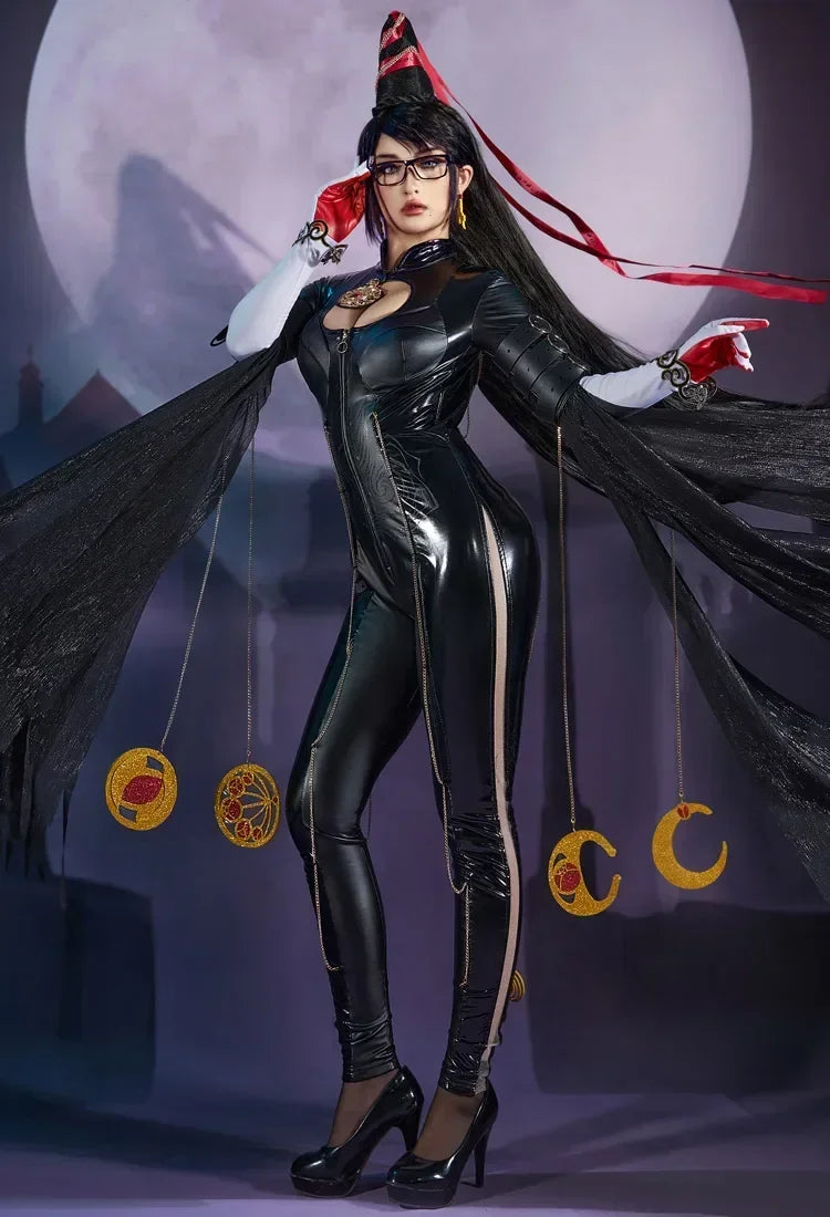 Miccostumes Women's Black Witch PU Leather Cosplay Bodysuit