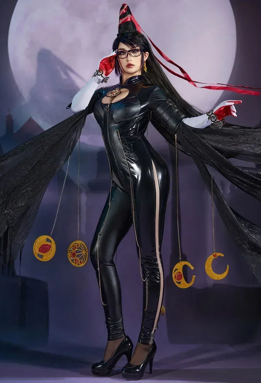 Miccostumes Women's Black Witch Cosplay Bodysuit PU Leather Halloween Costume