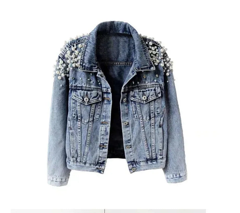 Pearl Denim Coat Women Cotton Spring Autumn Ropa Cardigan Jeans Punk Gothic Bomber Jacket Windbreaker Y2k Women Jackets Korean SS69