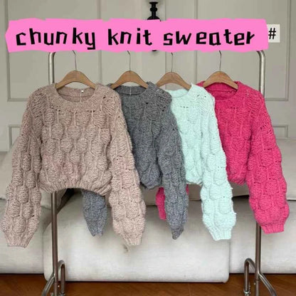 Chunky Crop Knit Sweater Women Niche Design Crew-neck Jumper 2025 Fall Winter Knitwear