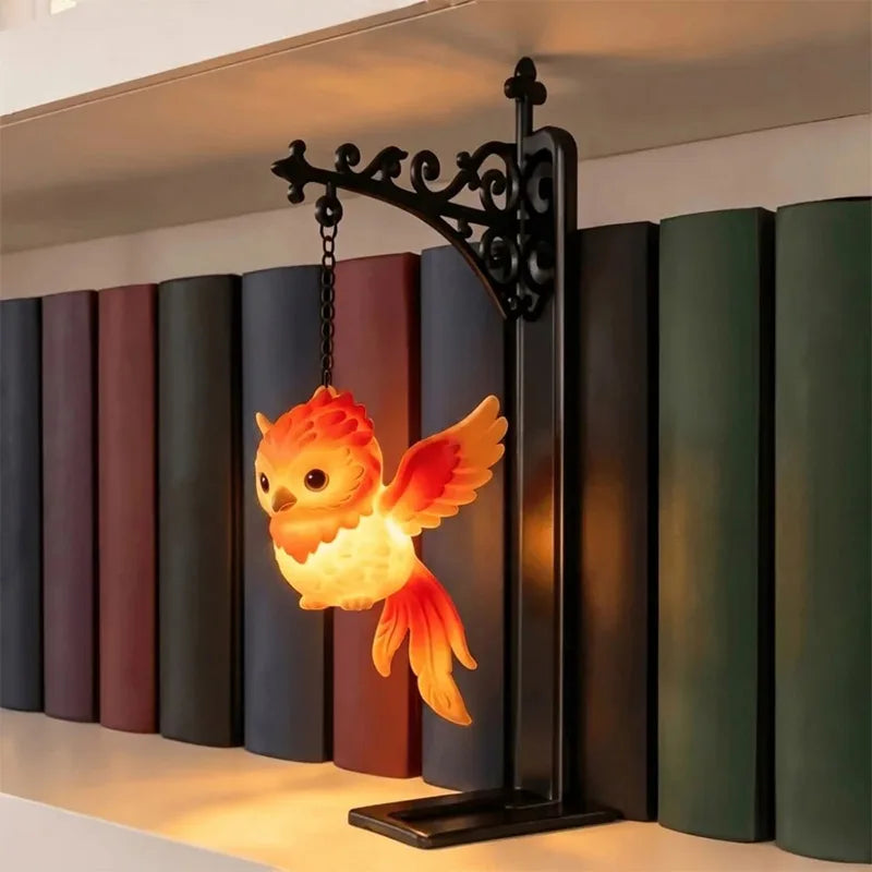 Novelty Hanging Animal Bookend Lamp Magic Owl Bird Metal Book End Stand With Glowing Hanging Ornament Light For Bookshelf Gift