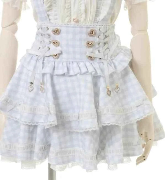 Original Japanese Mines Lolita Strap Skirts Women High Waist and Thin Frilly Pleated Skirt College Style Liz Girl Plaid Skirt