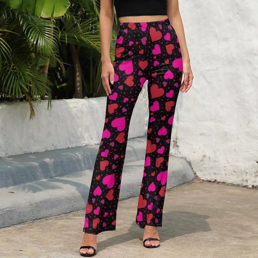 Heart Confetti Pants Elastic Waist Pink Valentines Day Streetwear Flare Pants Summer Casual Pattern Oversize Trousers SS69