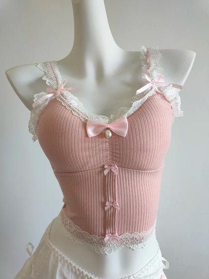 Sweet Crop Top Women Lace Trim Cotton Cropped Bows Bead Decoration Pink White Cute Camis Sweet Girls Lolita Style Kawaii Clothes SS69