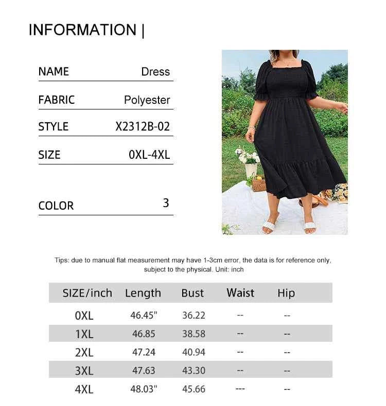 Plus Size Women's Pure Color Wrap Ruffle Hem Midi Dress Square Neck Backless Short Sleeve Dress Elegant temperament