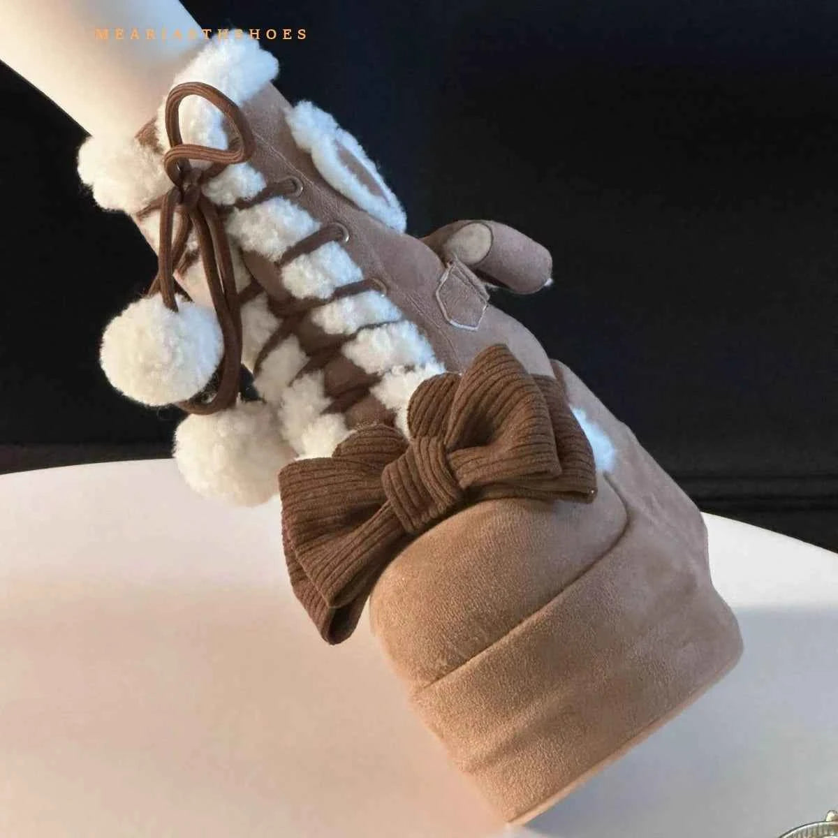 pink Sweet Winter Girls Lolita Mid-Calf Snow Boots,Cute Female Students Plush Warm Bowknots Lace Up Wedge Heel Heightening Shoes