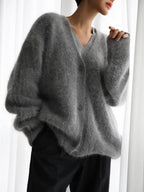 Women's V-Neck Cardigan Sweater Coat - Solid Knit, Single Breasted