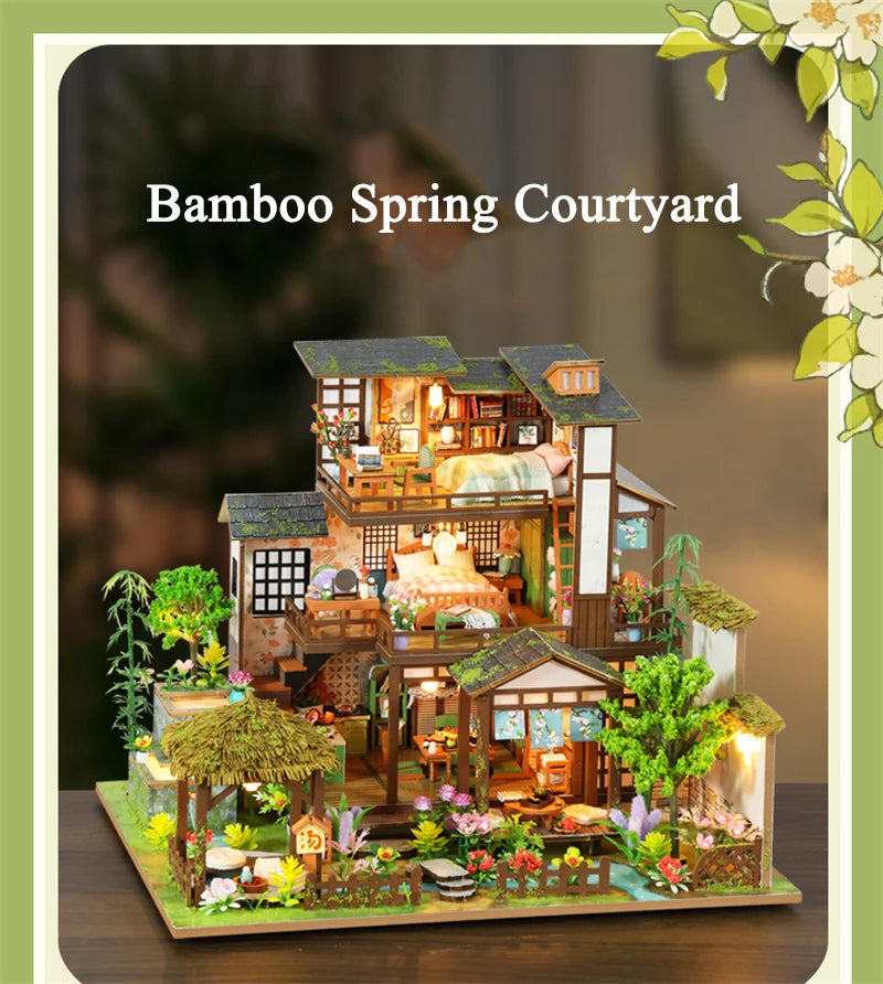 DIY Wooden Bamboo Spring Courtyard Casa Miniature Building Kits Bookend Assembled Dollhouses Bookshelf Home Decor Friends Gifts SS69