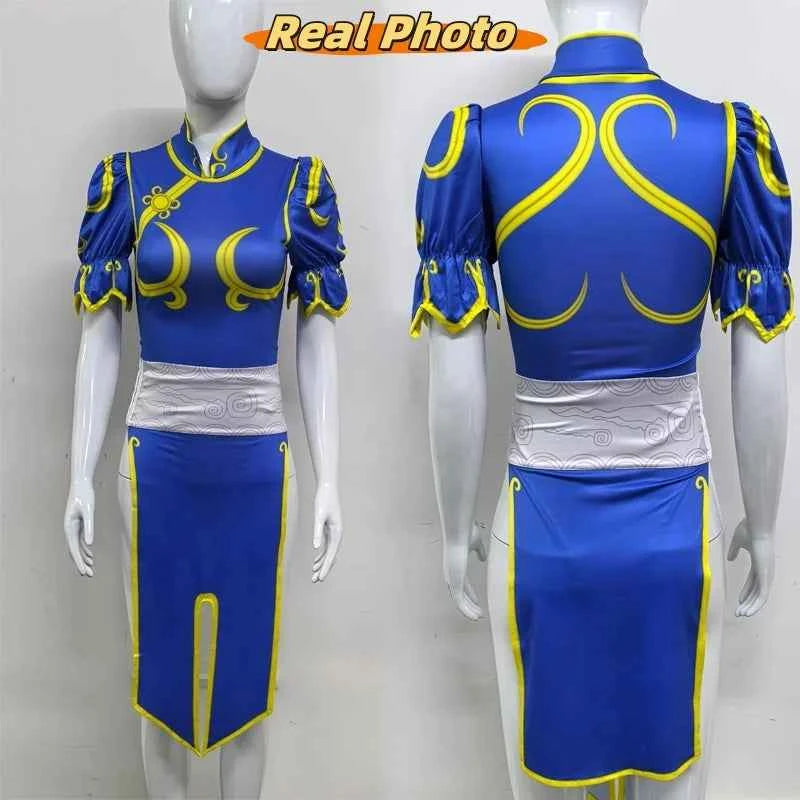 Women's Street Fighter Chun Li Cosplay Costume Game Fighter Chunli Blue Cheongsam with Headdress and Waistband Halloween Costume