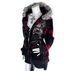 New Gothic geometric print red gradient zipper hoodie women fashion high street fur collar loose sweatshirt for men and women