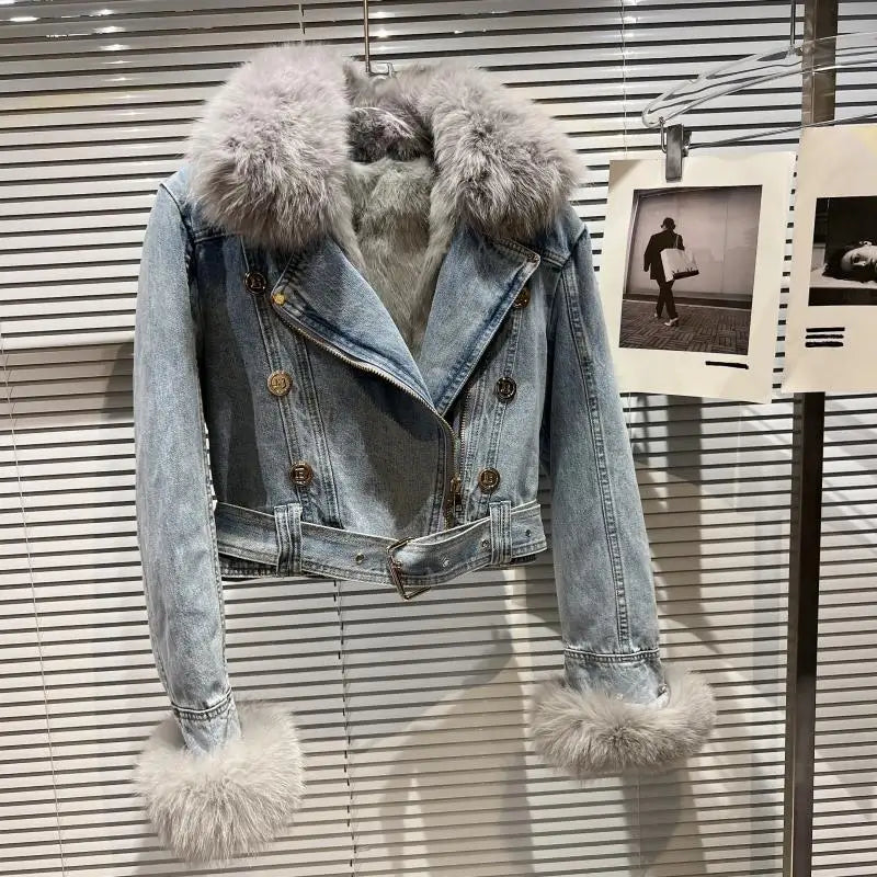 Winter Women Denim Coat Jacket Fox Collar Short  Warm High Street Outerwear Thicken Coat High Quality Luxury Design Party Wear