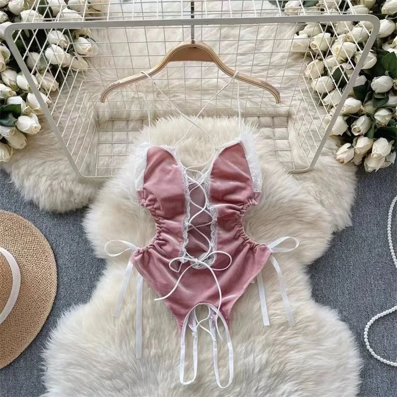 Women Hotsweet Sexy Drawstring Lace Up Design Halter Playsuits Fashion Transparent Bodysuits Slim Hollow Out Summer Rompers  New