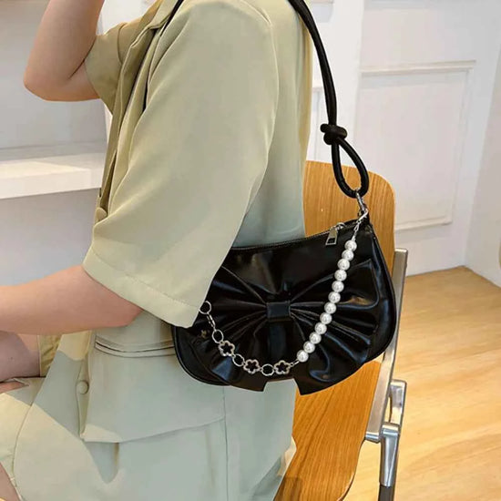 Trendy Pearl Bow Shoulder Bag Underarm Bag Daily Commuting Bag Casual Handbag Solid Business Women's Bag