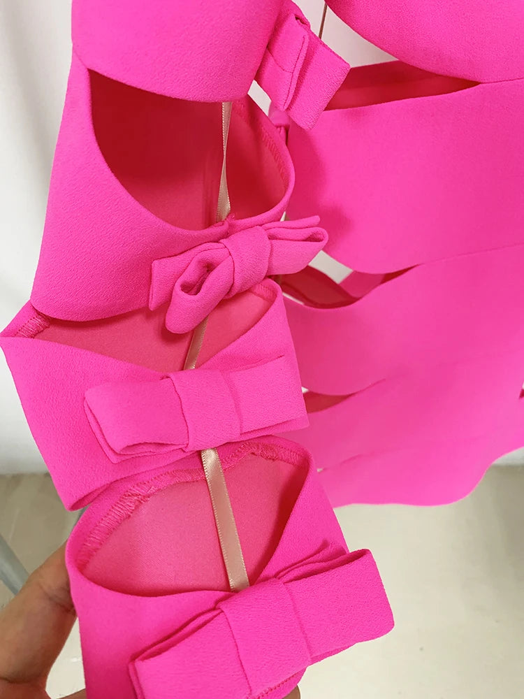 HIGH STREET 2024 New Stylish Designer Party Wear Women's Star Style Sexy Hollow Out Bow Dress Fluorescence Pink SS69