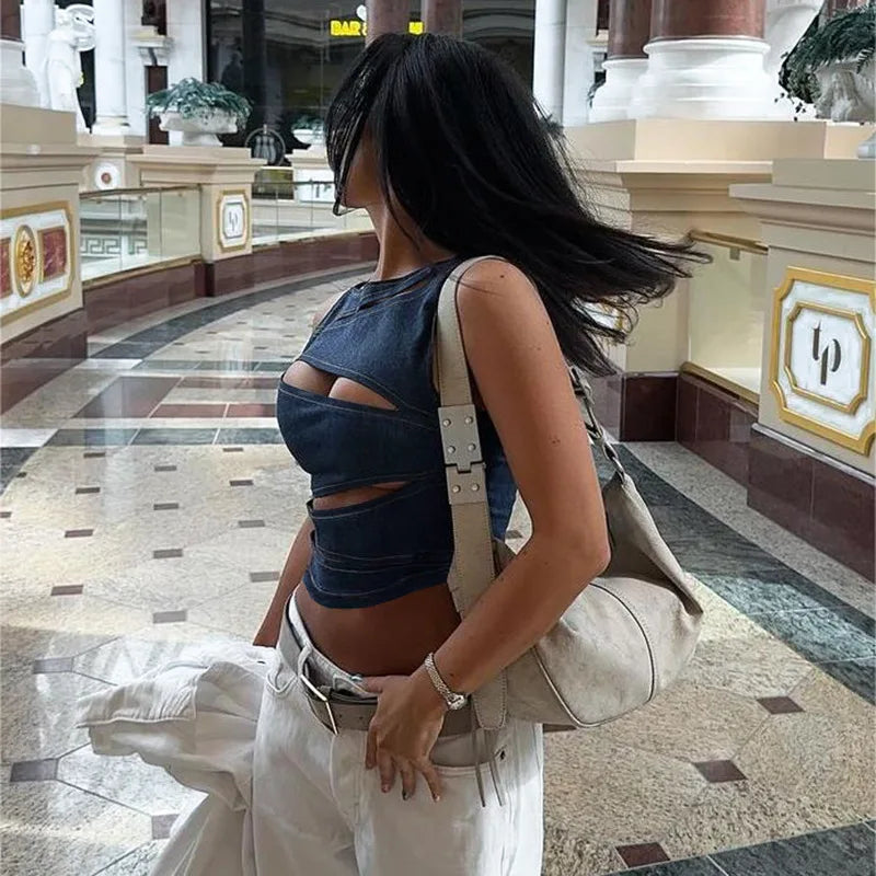 Talenza Women's Sleeveless Round Neck Vest Summer Solid Color Hollow Slim Vest Top Fashion Sexy Streetwear Women's Slim Vest Top SS69