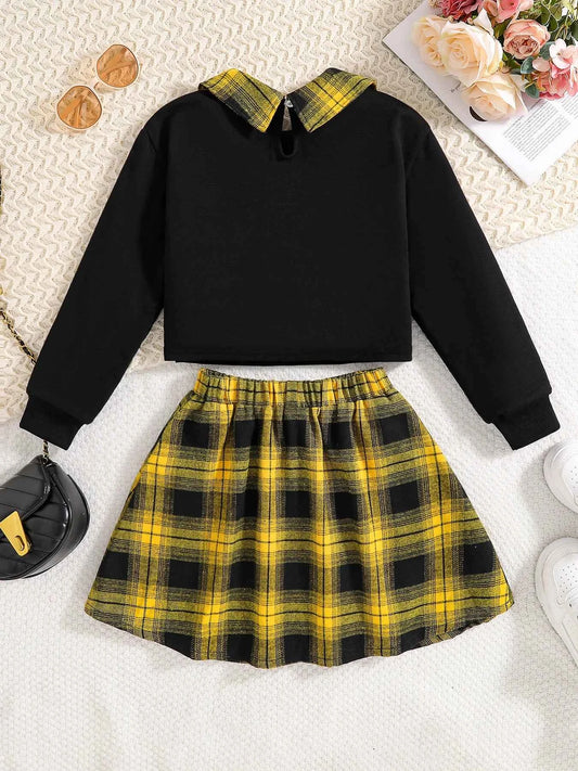 Girls Fashion Casual 2-Piece Set Black Lapel Long-Sleeved Letter Print Shirt Plaid Skirt Spring Autumn New