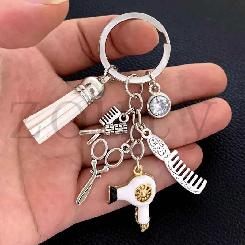 New fashion hairstyle gift charm tassel keychain retro jewelry mini hairdressing scissors hair dryer comb keychain DIY manual