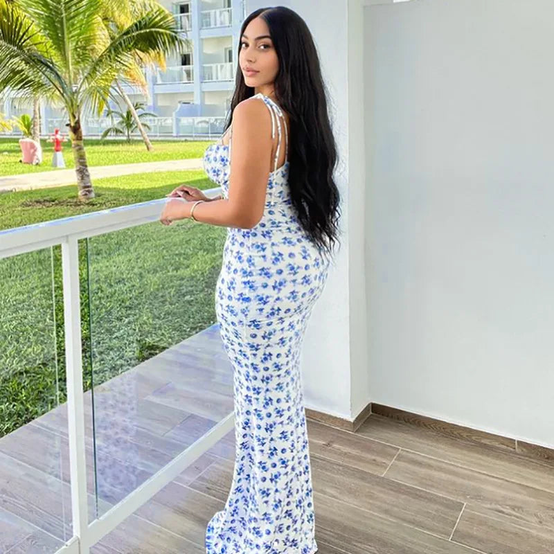 Hugcitar Women Floral Spaghetti Strap Bodycon Maxi Dress