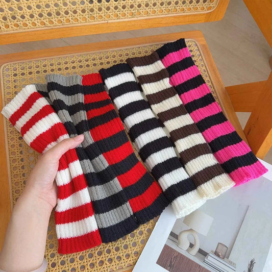 Gothic Striped Knitted Fingerless Arm Sleeves Black White Striped Winter Long Arm Warmers Girls Harajuku Y2K Wrist Gloves