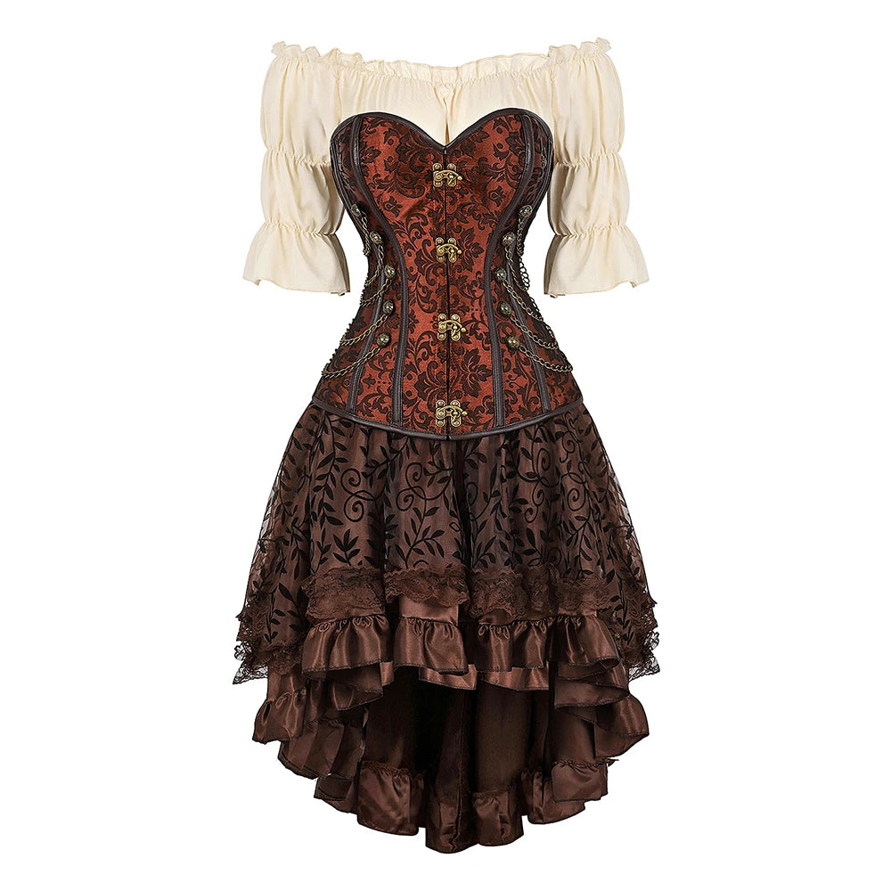 Brown Pirate Dress Plus Size Faxu Leather Steampunk Corset Dress with Shoulder Off Blouse Cosplay Pirate Costume for Women SS69