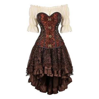 Brown Pirate Dress Plus Size Faxu Leather Steampunk Corset Dress with Shoulder Off Blouse Cosplay Pirate Costume for Women SS69