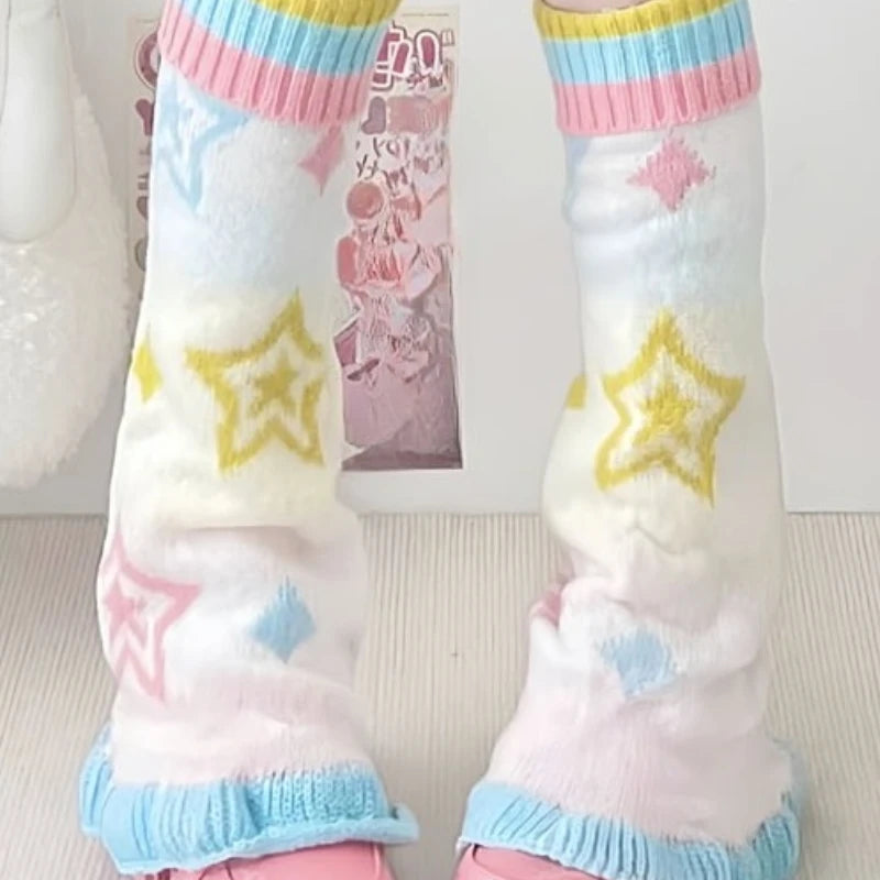 SS69 Japanese Design Y2K Knitted Flared Leg Warmers Colorful Patchwork