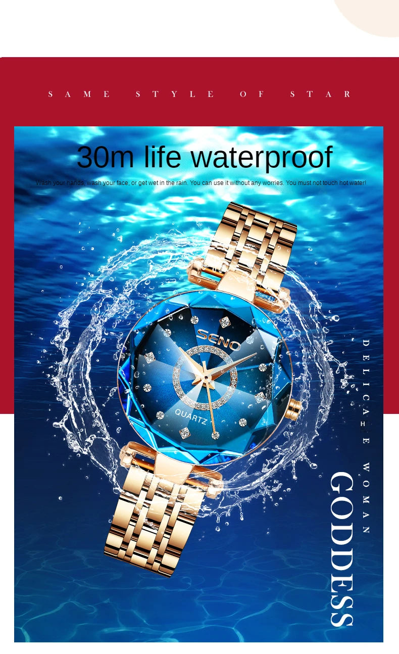 SENO Ocean Star Women Crystal Watch 2024 Top Brand Luxury Rose Gold Women Bracelet Watch for Ladies Wrist Watch Relogio Feminino SS69