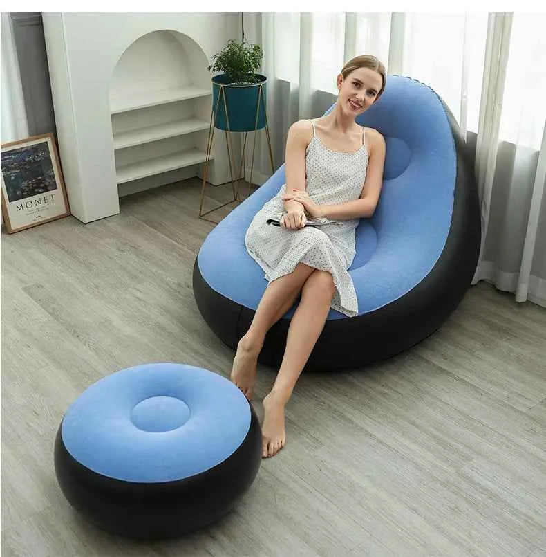 Inflatable Lounge Chair for Adults, Folding Portable Lazy Sofa with Foot Stool ,Air Couch Sofa for Livingroom and Bedroom