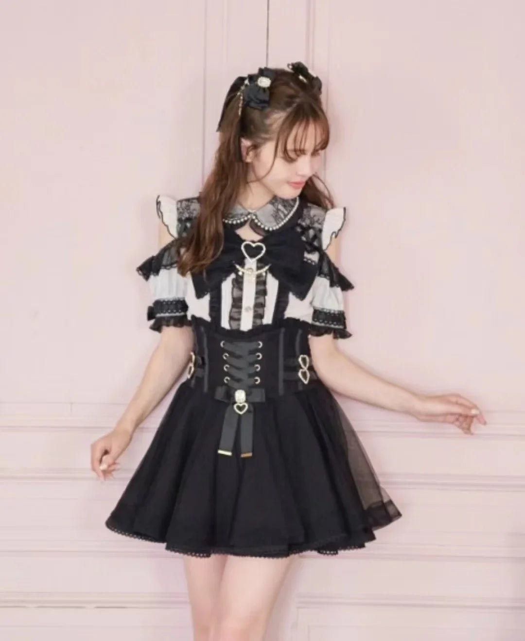 Japanese Liz Mine Women's Shirt Summer Off Shoulder Big Bow Short Sleeve Top Cute Girl BlousesHigh Waist Skirt 2 Piece Skirt Set SS69