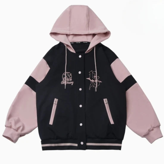 Pink and Black Splicing Color Hooded Baseball Jacket Casual Pant Sets 2025 Spring and Autumn Sweet Cool Girl Students Outfits SS69 78.69 long coat / L