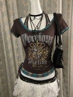 Harajuku Gothic Punk Short Sleeve T-shirts Women Subculture Printed Y2k Crop Top Tees Summer Casual American Vintage T Shirts