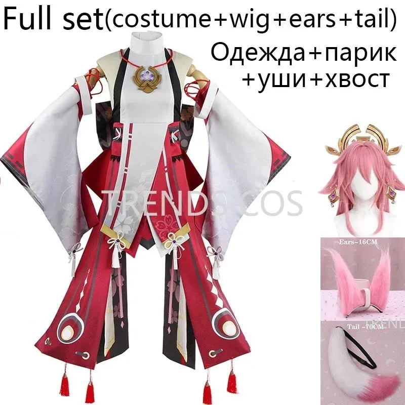Genshin Impact Yae Miko Cosplay Costume with Wig, Ears, and Tail