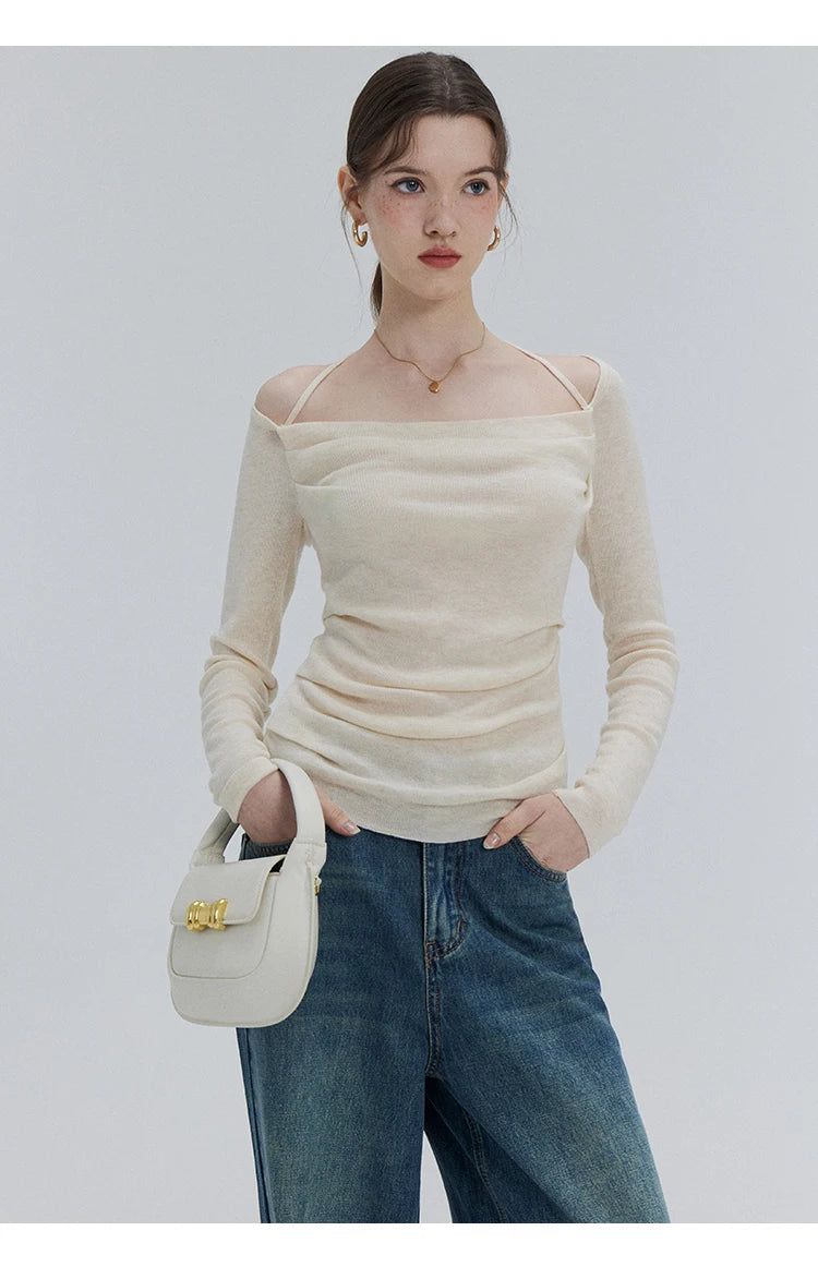 EGGKA Autumn One-shoulder Halter Neck Knitted Tops Women Slim Designer T-Shirts Slash Neck Long Sleeve Tops Korean Fashion Tees - SS69