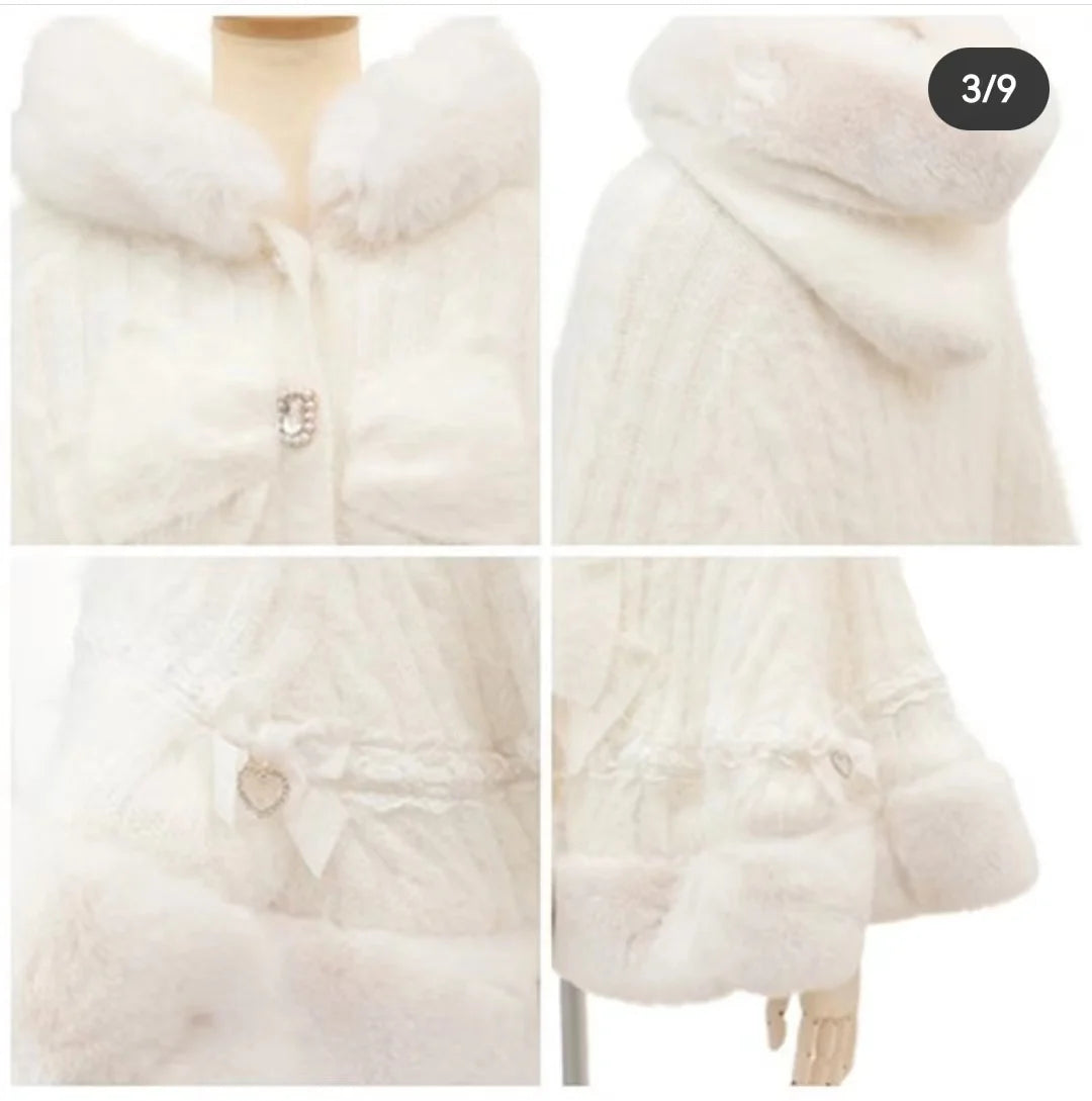Godivana Faux Rabbit Fur Cape Coat with Rhinestone Bow