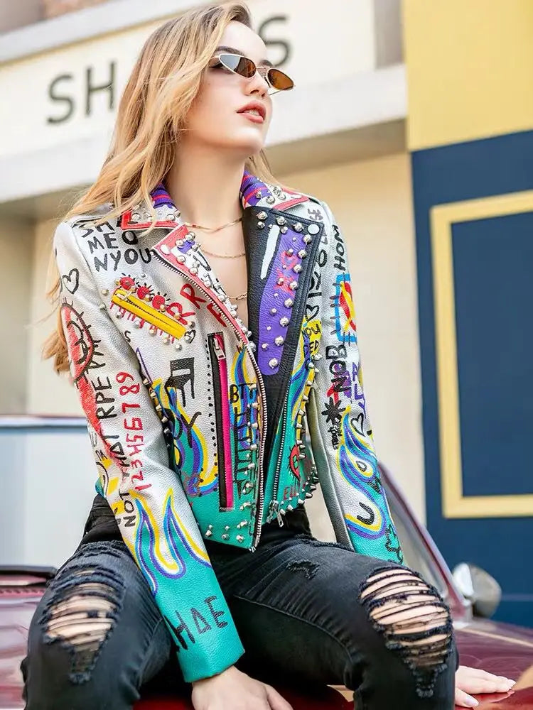 Womens Rivet Beading Pu Jacket Hit Color Streetstyle Graffiti Outerwear Letters Printed Leather Jackets Short Punk Street Coat SS69