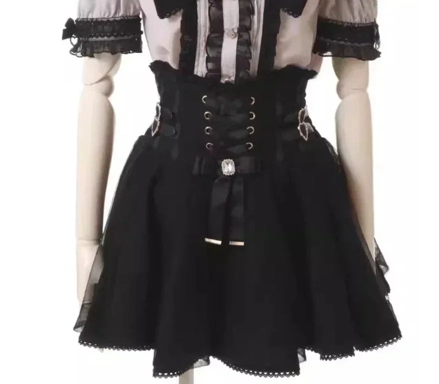 Japanese Liz Mine Women's Shirt Summer Off Shoulder Big Bow Short Sleeve Top Cute Girl BlousesHigh Waist Skirt 2 Piece Skirt Set SS69 65.69 black skirt 1 / S