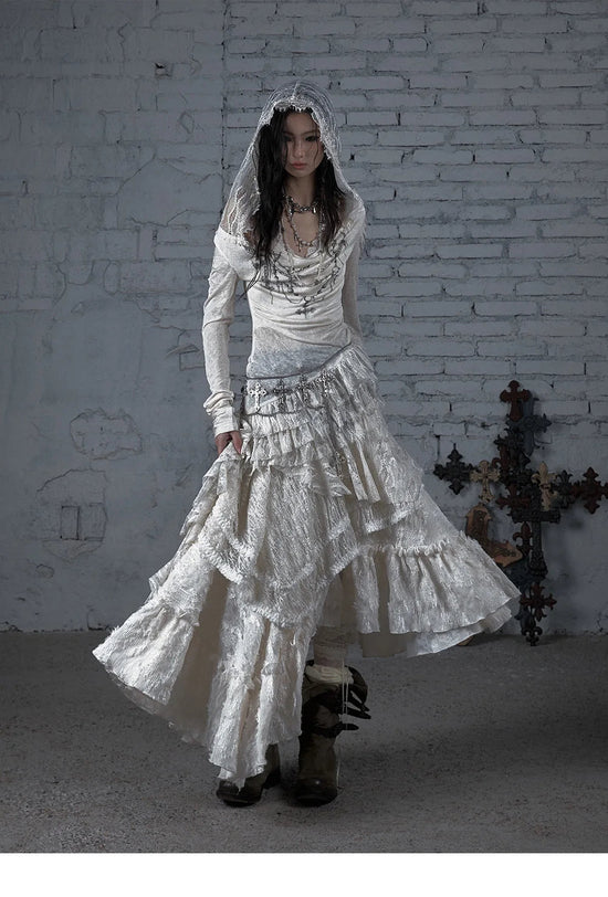 NO ROMANCE Fairy Sexy Punk Printing Half Transparent Lace Patch Knitted Long Sleeve Hooded Dresses Rock Gothic Design Vestidos SS69