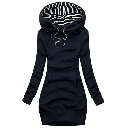 Hoodie Dress Casual Solid Colour Long Sleeve Drawstring Hoodie Dress Slim Hooded Pullover Sweatshirt Dress SS69 18.69 Navy Blue / L