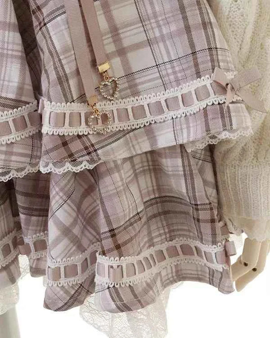 Original Japanese Mines Lolita Strap Skirts Women High Waist and Thin Frilly Pleated Skirt College Style Liz Girl Plaid Skirt