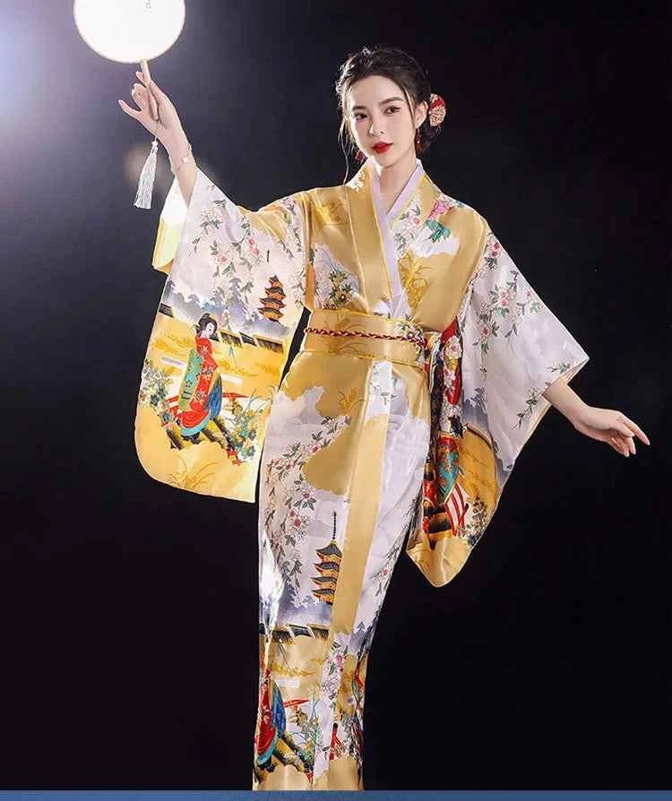 Women's Elegants Japanese Kimono Sexy Yukata with Obi Cosplay Costume National Novelty Evening Dress Printed Flower Geisha Gown