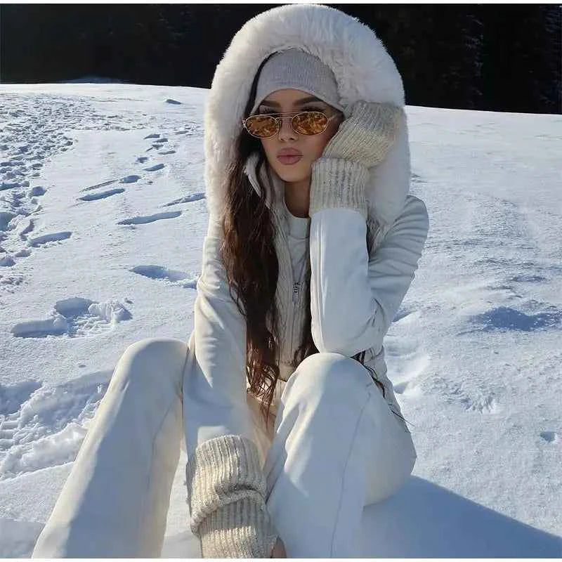 Fashion Solid Warm Ski Suit Women's Hood Fur Trim Full Sleeves Belt Coats High Waist Pants 2025 Winter Lady Windproof Tracksuit
