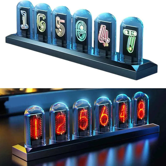 USB Powered RGB Nixie Tube Clock with IPS Color Screen, Corded Electric Aluminum Oval Alarm Clock with Charging Port, Metal Fram