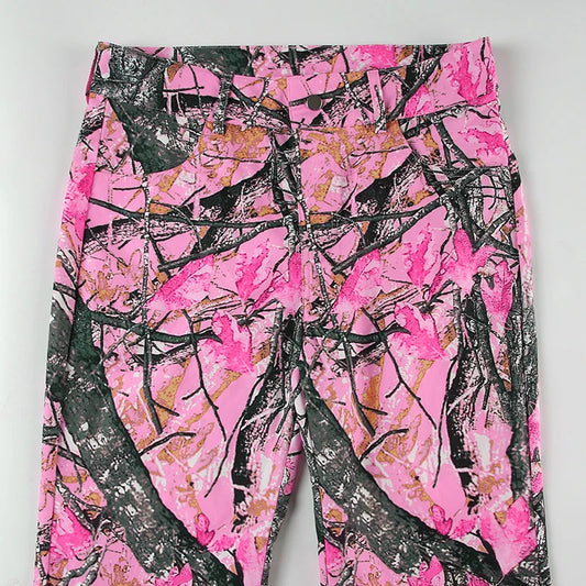 Rockmore Pink Thorn Camouflage Printed Flare Pant Casual High Street Trouser Women Y2k Clothes Autumn Aesthetic Grunge Fairycore SS69